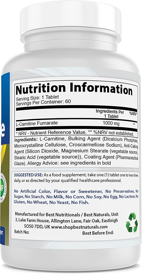 Best Naturals L-Carnitine 1000mg 60 Tablets (60 Count (Pack of 1))