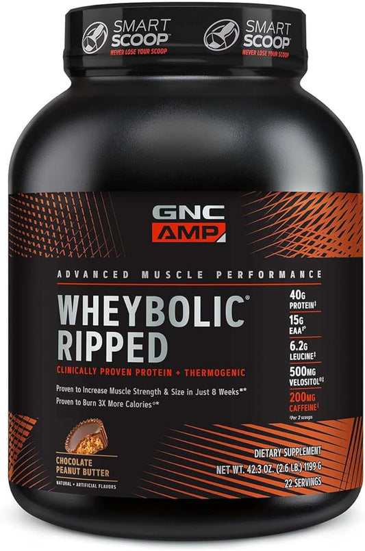 GNC AMP Wheybolic Ripped Protein Powder & Thermogenic Protein Supplement, Muscle Strength & Size, Energy & Endurance, 40g Protein, 6.2g Leucine, 15g EAA, Caffeine, Chocolate Peanut Butter, 22 Servings