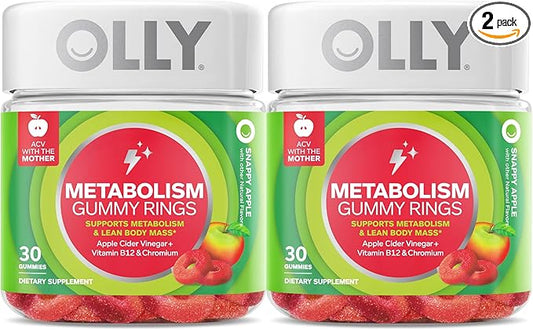 OLLY Metabolism Gummy Rings, Apple Cider Vinegar, Vitamin B12, Chromium, Energy and Digestive Health, Chewable Supplement, Apple Flavor, Twin Pack - 60 Count