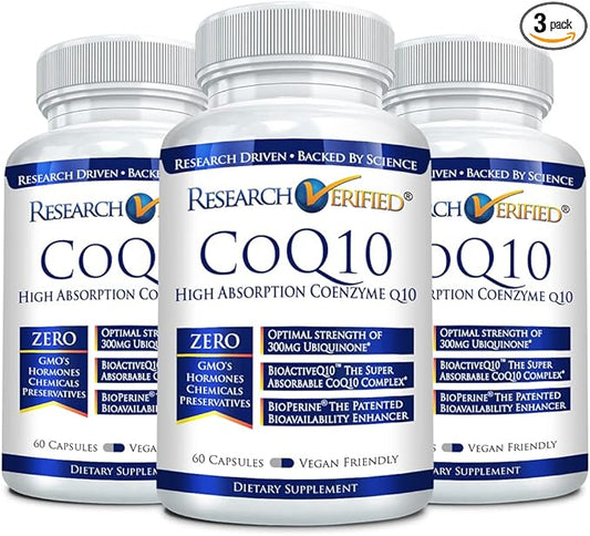 Research Verified CoQ10-100% Pure Extra Strength 300mg CoQ10 – Improved Absorption and Bioavailability with Bioperine - Boost Antioxidant Levels, Improve Cardiovascular Health, 180 Vegan Capsules