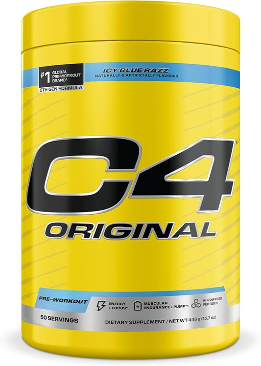 Cellucor C4 Original Pre Workout – Pre-Workout for Endurance, Focus & Performance with 200mg Caffeine, Beta-Alanine, Creatine Nitrate, L-Arginine & PeptiPump – Sugar Free, 50 Servings, ICY Blue Razz