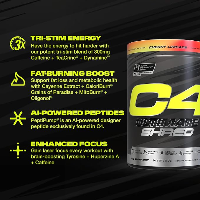 Cellucor C4 Ultimate Shred Pre Workout Powder, Metabolism Supplement with Cayenne Extract+300mg Caffeine+TeaCrine+Dynamine - Pink Lemonade, 20 Servings