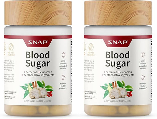 Snap Supplements Blood Sugar Blend with Berberine, CoQ10, Cinnamon, Alpha Lipoic Acid and Gymnema to Support Healthy Blood Sugar, Metabolic Health and Energy, Sugar Free, 60 Capsules, 2 Pack