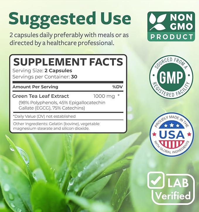 Green Tea Extract Capsules 98% with EGCG (Non-GMO) for Natural Metabolism Boost - Leaf Polyphenol Catechins - Antioxidant Supplement - Green Tea Pills - 1000mg (500mg per Capsule) - 60 Capsules