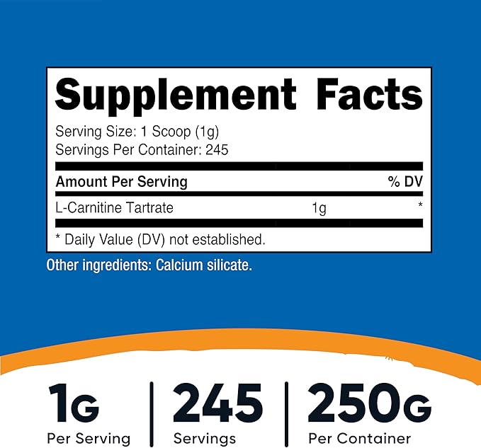 Nutricost L-Carnitine Tartrate Powder (250 Grams) - 1 Gram per Serving, 245 Servings