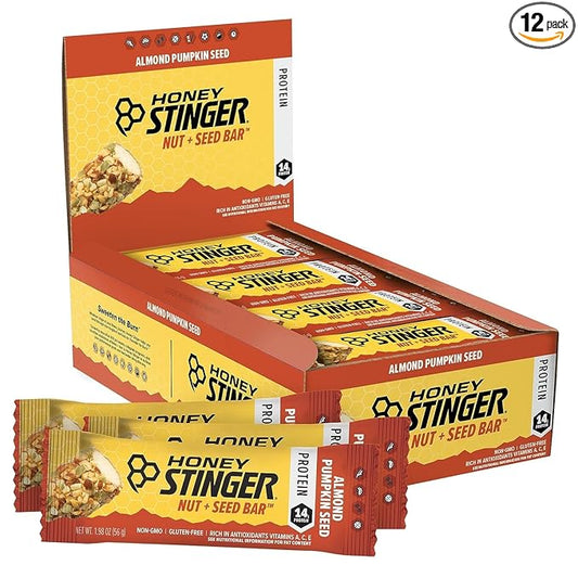 Honey Stinger Nut + Seed Bar | Almond Pumpkin Seed | Protein Packed Food for Exercise, Endurance, Performance and Recovery | Sports Nutrition Snack Bar for Home & Gym, Post Workout | Box of 12