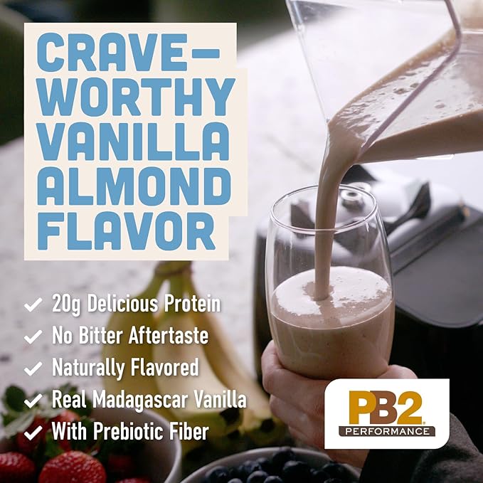 PB2 Performance Almond Plant Based Vegan Protein Powder | 20g Complete Protein, No Added Sugar, Prebiotic Fiber | Dairy Free, Certified Vegan, Non-GMO, Gluten Free [Almond w/Madagascar Vanilla, 1LB]