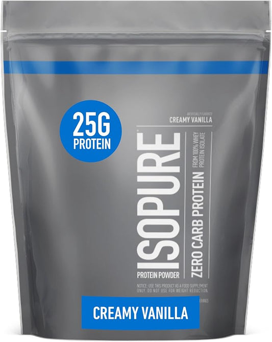 Isopure Zero Carb 100% Pure Whey Isolate Protein Powder, Lactose Free, Gluten Free, With Vitamins, Creamy Vanilla, 25g Protein Per Serving, 1 Lb, 15 Servings