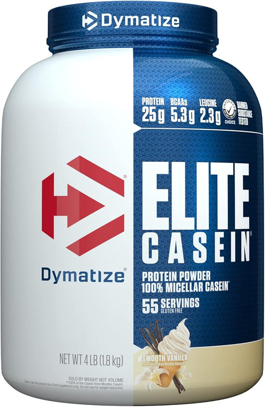 Dymatize Elite Casein Protein Powder, Slow Absorbing with Muscle Building Amino Acids, 100% Micellar Casein, 25g Protein, 5.4g BCAAs & 2.3g Leucine, Helps Overnight Recovery, Smooth Vanilla, 4 Pound