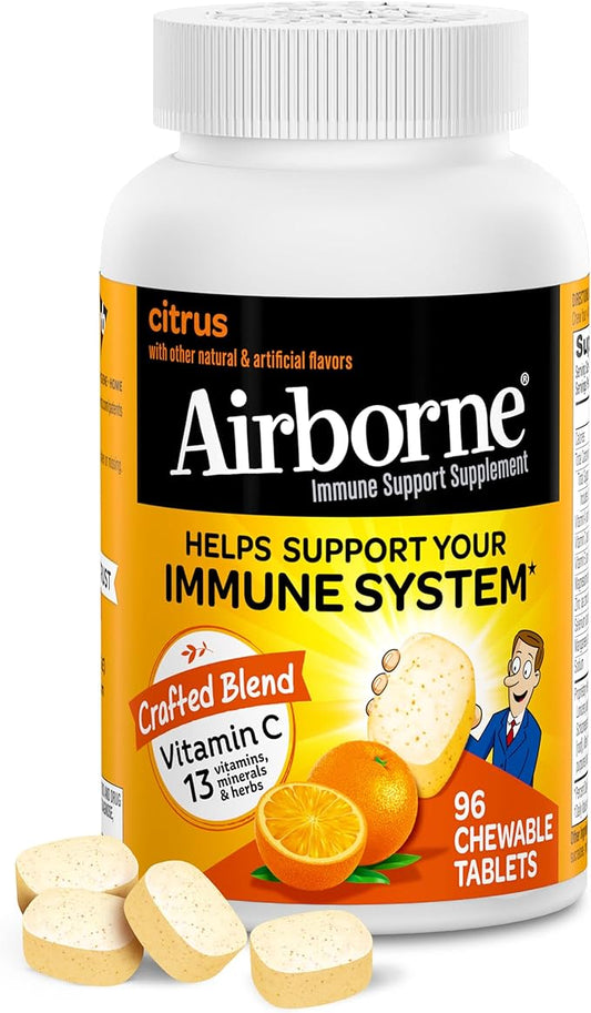 Airborne Vitamin C 1000mg (per Serving) - Citrus Chewable Tablets (96 Count in a Box), Gluten-Free Immune Support Supplement with Vitamins A C E, Zinc, Selenium, Echinacea, Ginger, Antioxidants