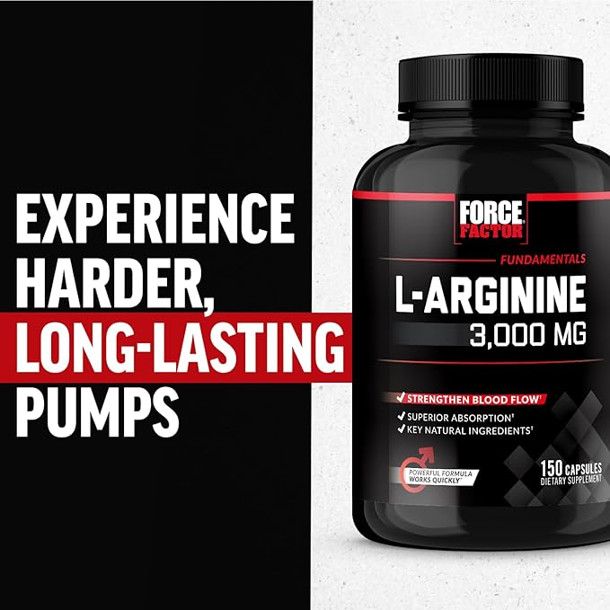 Force Factor L-Arginine,3-Pack,Nitric Oxide Supplement with BioPerine to Help Build Muscle & Support Stronger Blood Flow,Circulation,Nutrient Delivery,& Pumps,L-Arginine 3000mg,3g,450 Capsules
