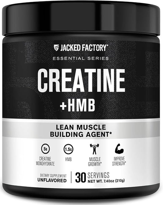 Jacked Factory Creatine Monohydrate + HMB - Creatine Dietary Sports Nutrition Bodybuilding Supplement for Men and Women - Muscle Growth, Increased Strength, Enhanced Energy - 30 Servings, Unflavoured