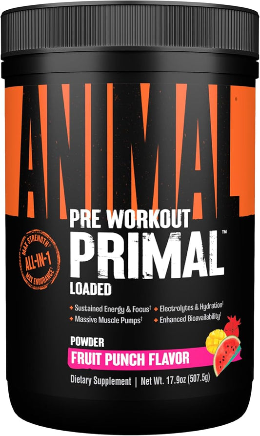 Animal Primal Muscle Hydration + Preworkout Powder – Contains Beta Alanine, 3DPump, Caffeine & Electrolytes – Improves Energy, Focus, Endurance & Absorption – Fruit Punch Flavor, 17.9 oz