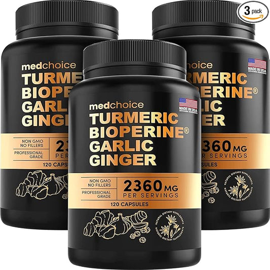 4-in-1 Turmeric and Garlic Supplements with Bioperine 2360 mg Turmeric Ginger Root Capsules with Garlic for Joint, Digestion & Immune Support (120ct, Pack of 3)