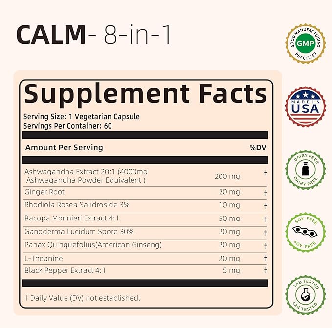 Calm Ashwagandha Supplements, Ashwagandha 4000mg with Rhodiola Rosea, Reishi, Ginseng, Bacopa, L Theanine, Natural Adaptogens Nootropic Stress & Mood Support, 60 Capsules