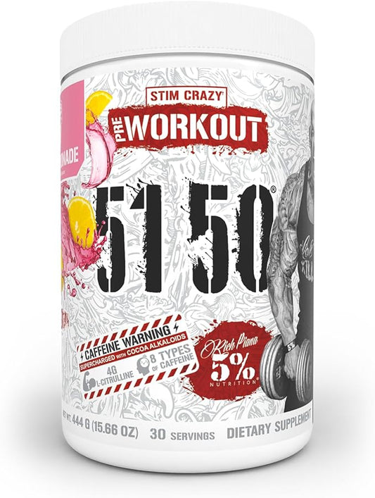 5% Nutrition Rich Piana 5150 High Stim Pre-Workout Powder | Extreme Energy, Focus, Pumps & Endurance | 400 mg Caffeine, Citrulline, Beta Alanine, N-Acetyl L-Tyrosine | 30 Srvgs (Pink Lemonade)