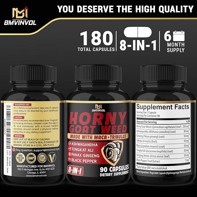 BMVINVOL 2Packs Horny Goat Weed Capsules - 180 Capsules for 6 Month Supply - Maca, Ginseng, Tribulus Terrestris, Ashwagandha