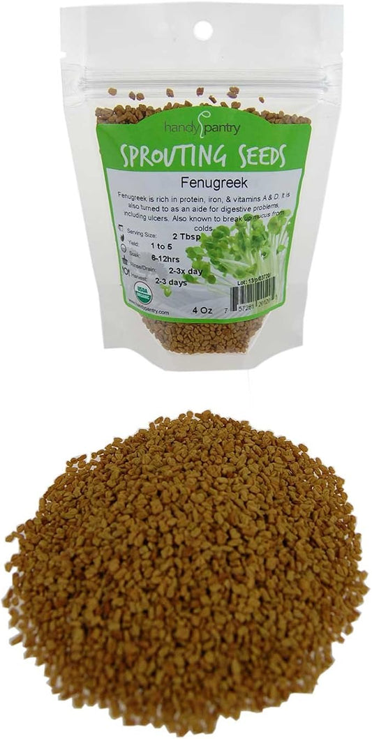 Organic Fenugreek Sprouting Seeds - 4 oz - Handy Pantry Brand - Seeds for Planting, Hydroponics, Growing Sprouts, Grinding for Spices & More