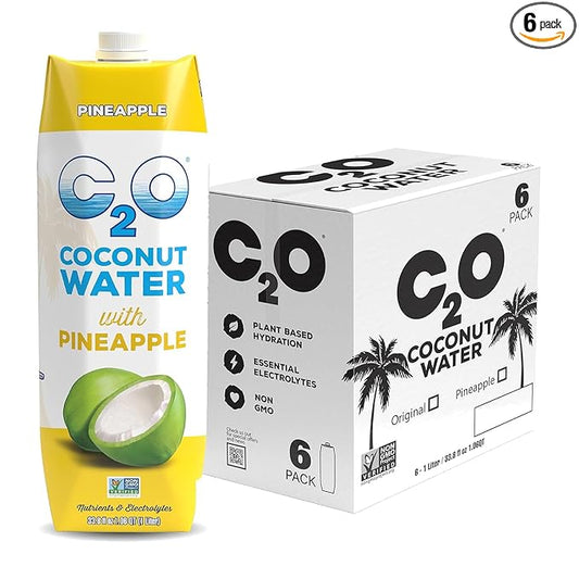 C2O - Coconut Water with Pineapple (6 Pack) - Made with Fresh Coconut Water - Plant Based, Non GMO Water - Natural Hydration, Essential Electrolytes, & Potassium - 6 Tetra Packs, 33.8 FL OZ