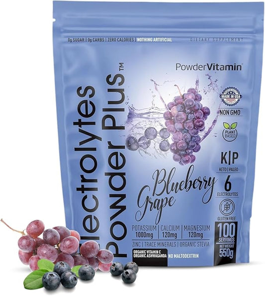 Electrolytes Powder Plus (100 Servings) Blueberry Grape Electrolyte Powder Sugar Free, Keto, 0 Sugar, No Maltodextrin, 1000mg Potassium, 120mg Calcium, 120mg Magnesium, Hydration Powder