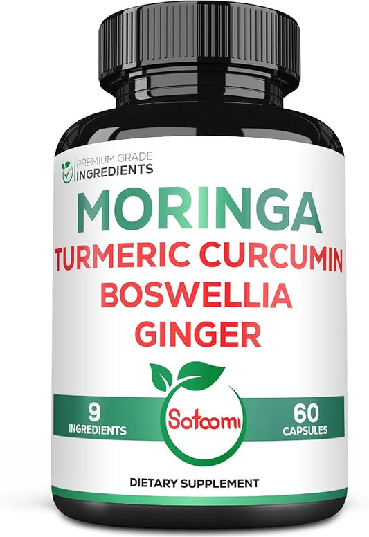 Satoomi 9in1 Moringa Capsules - Featuring Moringa, Turmeric, Boswellia, Ginger, Ashwagandha, Ceylon Cinnamon and Milk Thistle, and Resveratrol | Support Mood, Heart & Overall Health - 60 Count