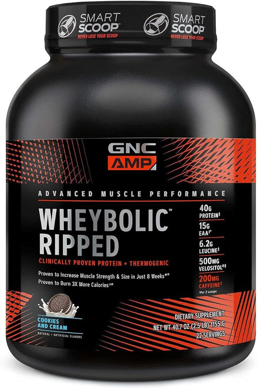 GNC AMP Wheybolic Ripped Protein Powder & Thermogenic Protein Supplement, Muscle Strength & Size, Energy & Endurance, 40g Protein, 6.2g Leucine, 15g EAA, Caffeine, Cookies and Cream, 22 Servings