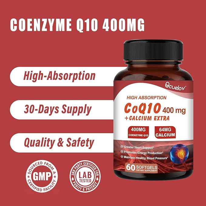 CoQ10 400mg Capsules, Coenzyme Q10 High Absorption Supplements | Heart Supports & Cellular Energy Production Supplement, No Dairy, No Gluten - 60 Capsules (30 Serv)