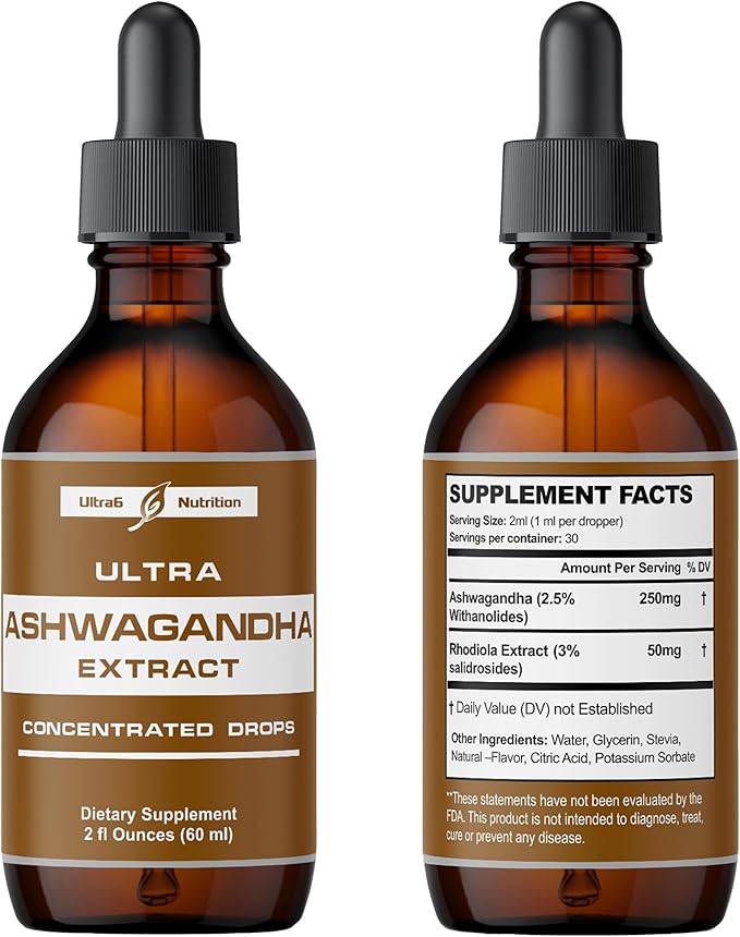Ashwagandha Liquid Drops - Organic Ashwagandha Supplements with Rhodiola Rosea Tincture - Root Extract for Mood and Energy - Supplement for Men & Women