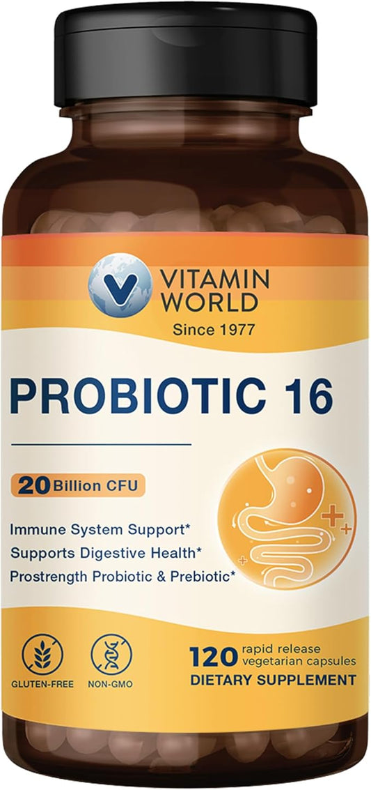 Vitamin World Probiotic 16, 20 Billion CFU, 16 Strains with Prebiotic Fiber for Digestive & Immune Health, Probiotics for Women & Men, Non-GMO, Gluten Free, 120 Veggie Capsules, 60 Day Supply