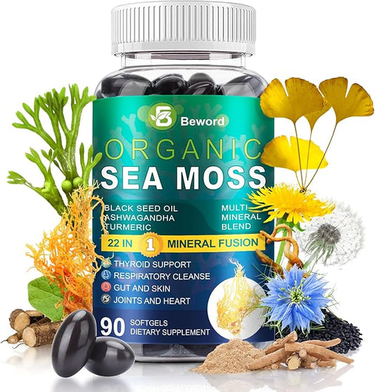 Organic Sea Moss Softgels, 90 Capsules - with Irish Sea Moss, Vitamin C, D3, Black Seed Oil, Ashwagandha, Turmeric, Bladderwrack, Burdock, Rhodiola Rosea - Immune, Skin & Energy Support, 1 Pack