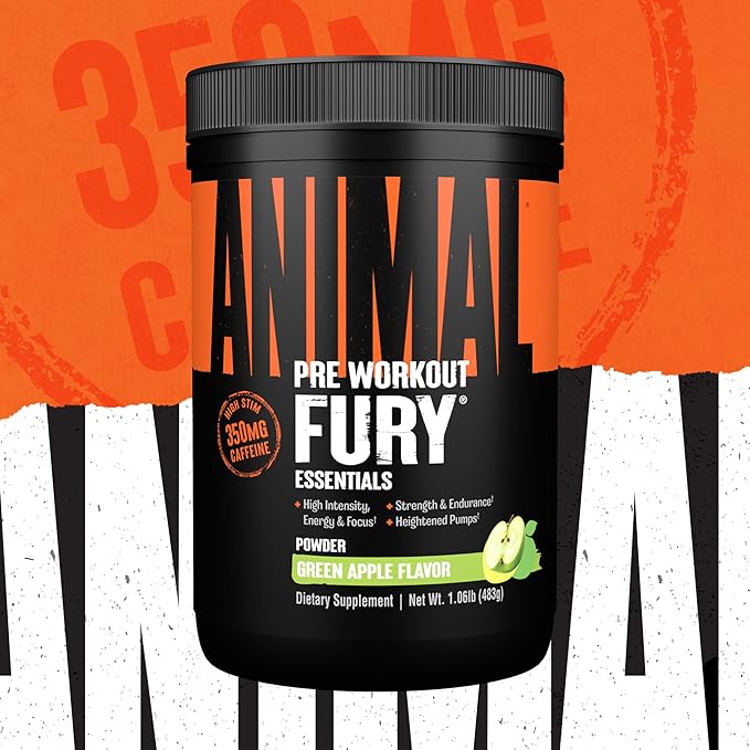 Animal Fury Pre Workout Powder Supplement for Energy and Focus 5g BCAA 350mg Caffeine Nitric Oxide Without Creatine Powerful Stimulant for Bodybuilders, Green Apple