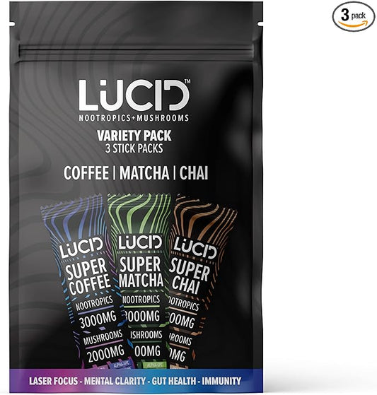 Lucid Sample Size Variety Pack, Nootropic Superfood Drink Mix with Mushrooms, 3 Flavors - Coffee, Matcha, and Chai, Focus and Mental Clarity Support
