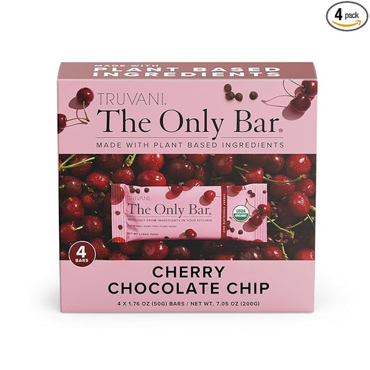 Truvani Plant Based Snack Bars | Cherry Chocolate Chip 4 Pack | 5g Protein | USDA Organic and Vegan | The Only Bar | Dairy, Soy, and Gluten Free | Individually Wrapped