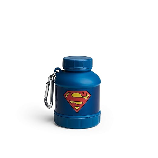 Smartshake Justice League Whey2Go Superman Protein Powder Storage Container 50g – BPA Free Shaker Bottle Funnel for Whey Protein Powder + Protein Shakes 110ml, DC Comics Superman Gifts for Men