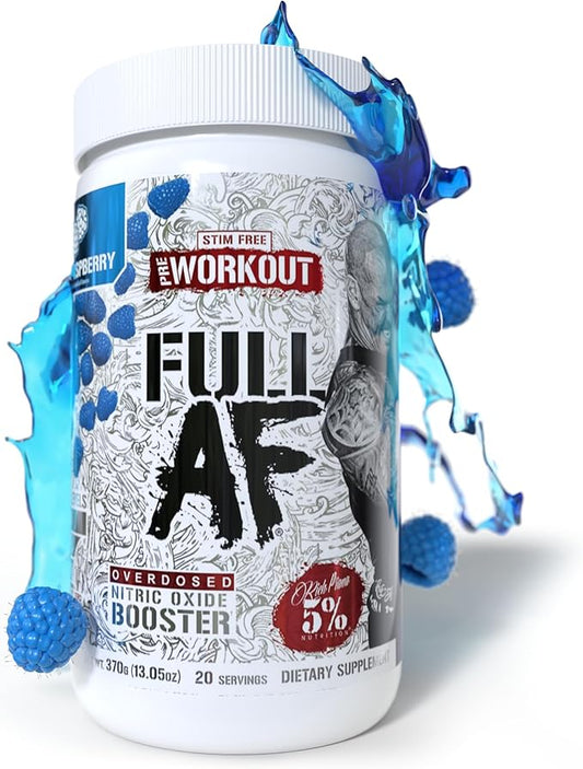 5% Nutrition FullAF Pre-Workout | Stim-Free with Massive Pumps | L-Citrulline, L-Taurine, Nitrosigine, GlycerSize | 13.05 oz (Blue Raspberry)