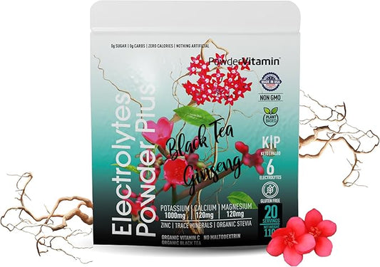 Electrolytes Powder Plus (20 Servings) Black Tea Ginseng Electrolyte Powder Keto, Sugar Free, Pink Himalayan Salt,1000mg Potassium,120mg Calcium,120mg Magnesium, Hydration Powder
