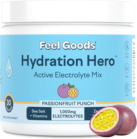 Feel Goods Hydration Hero, 1,000mg Electrolytes Powder, Sugar Free, Magnesium, Organic Aloe Vera, L Theanine, Vitamin C, B12, Keto, Vegan, Plant Based, Passion Fruit Punch, 30 Servings
