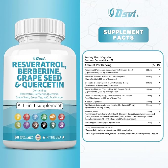 60 Capsules Resveratrol 6000mg Berberine 3000mg Grape Seed Extract 3000mg Quercetin 4000mg Green Tea Extract Polyphenol Supplement with N-Acetyl Cysteine Acai Extract for Women and Men,USA