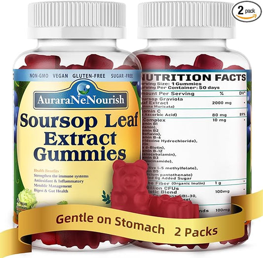 (2 Pack) Sugar Free Soursop Gummies with Probiotics & Fiber 100 Billion CFUs, Organic Soursop Leave Extract with Vitamin C B-Complex for Digestive Gut Health, Energy Balance, Immune Boost