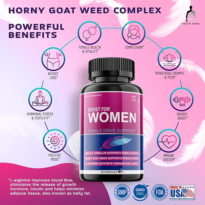 Libido Booster for Women Fast Acting with Horny Goat Weed - Female Desire Pills with Maca Root, Tribulus Terrestris, Ginseng and Hornygoatweed Women - Hormone Balance, Made in USA (60 ct)