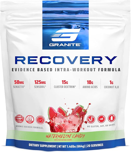 Granite Nutrition Recovery - Premium Intra-Workout Drink with EAAs, Cluster Dextrin, Sensoril & Senactiv for Athletic Performance and Lean Muscle Gains - Watermelon Candy (20 Servings)