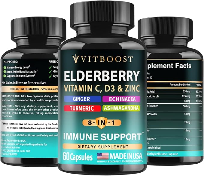 Elderberry Immune Support Supplement 8-in-1 Formula with Echinacea, Vitamin C & Zinc, Vitamin D 5000 IU, Turmeric, Ginger, Ashwagandha – 60 Capsules