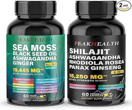 Shilajit + Sea Moss Capsules Bundle – 2 Bottle Combo with Ashwagandha, Panax Ginseng, Rhodiola & Black Seed Oil – 19,445mg Herbal Formula – Energy & Immune Support – 60 Capsules Each,Easy to Swallow