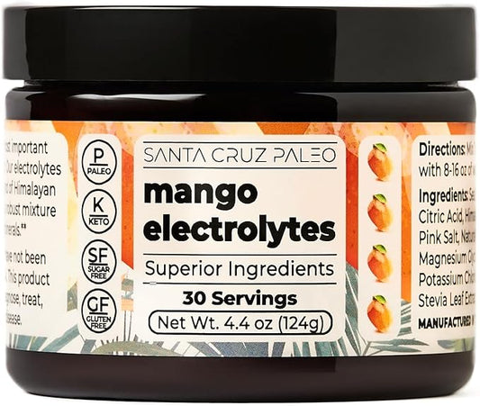 Santa Cruz Paleo Electrolyte Powder Mango with Himalayan & Sea Salt, Magnesium, Potassium, Sugar-Free, 30 Servings