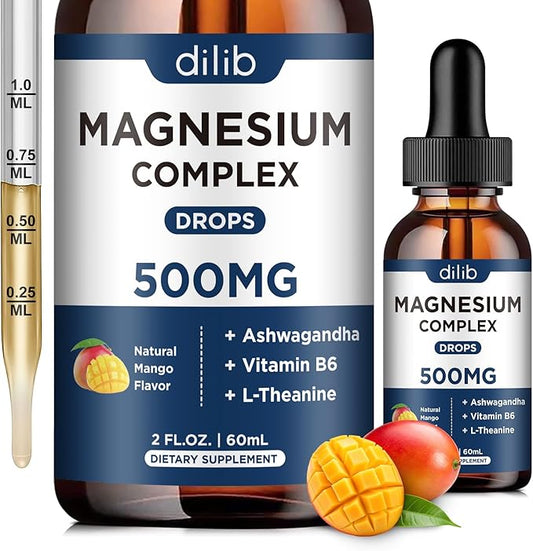 Magnesium Glycinate Liquid Drops 500mg - Triple Magnesium Complex Supplement with Citrate, Malate, Ashwagandha, L-Theanine, Vitamin B6 for Sleep, Mood, Stress Relief, Muscle, Mango Flavor 2 Fl Oz