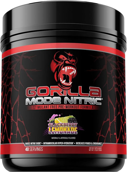 Gorilla Mode Nitric Upgraded Stimulant Free Pre-Workout – Best Tasting and Most Effective Stimulant Free Pre-Workout/Massive Pumps · Vasodilation · Power / 780 Grams (BlackBerry Lemonade)
