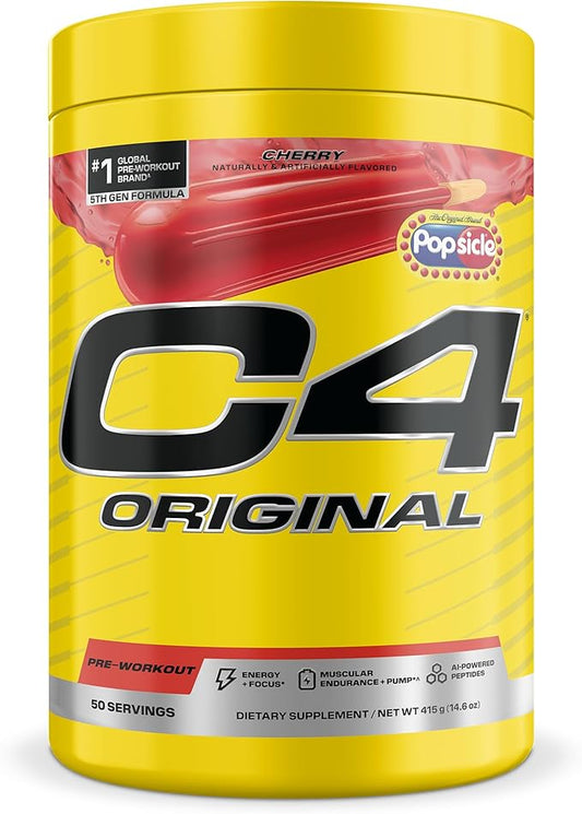 C4 Original Pre Workout – POPSICLE Cherry - Pre-Workout for Endurance, Focus & Performance with 200mg Caffeine, Beta-Alanine, Creatine Nitrate, L-Arginine & PeptiPump – Sugar Free, 50 Servings