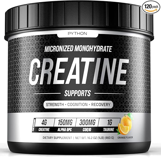 Python Creatine Monohydrate Gummies 5800mg per Serving - Taurine, Alpha GPC, CoQ 10, Magnesium Electrolytes & Vitamins - Faster Muscle Growth, Recovery - Gluten-Free, Vegan (Natural Orange, 120 Count)