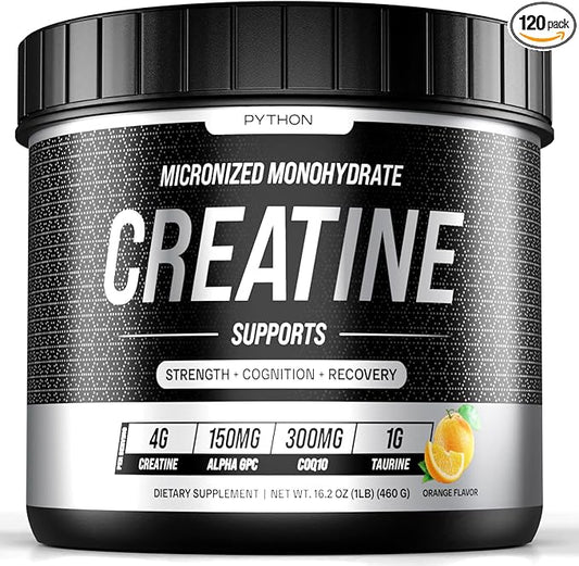 Python Creatine Monohydrate Gummies 5800mg per Serving - Taurine, Alpha GPC, CoQ 10, Magnesium Electrolytes & Vitamins - Faster Muscle Growth, Recovery - Gluten-Free, Vegan (Natural Orange, 120 Count)