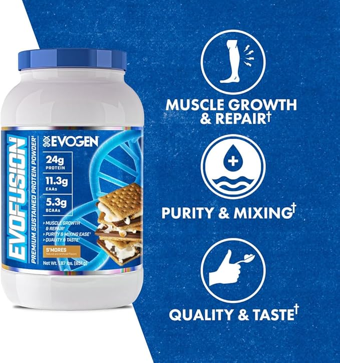 Evogen Evofusion - Sustained Protein Powder | Supports Muscle Growth & Repair | Whey Protein, Micellar Casein, MCT Oil | S'Mores | 23 Servings